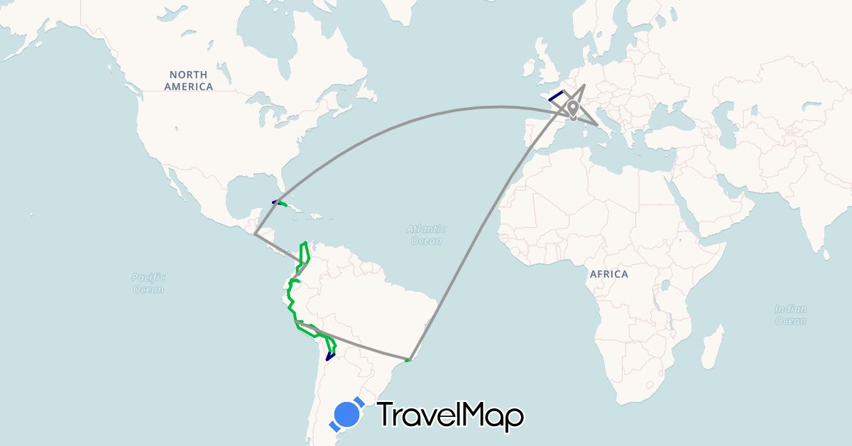 TravelMap itinerary: driving, bus, plane, hiking, boat in Bolivia, Brazil, Colombia, Cuba, Germany, Ecuador, France, Italy, Peru, El Salvador (Europe, North America, South America)